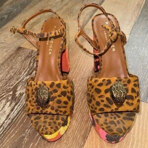 Floral Platform Heels Sandals Brown Suede Multicolor